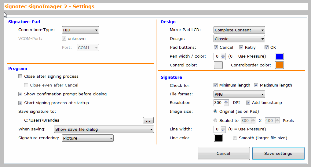 signoImager settings